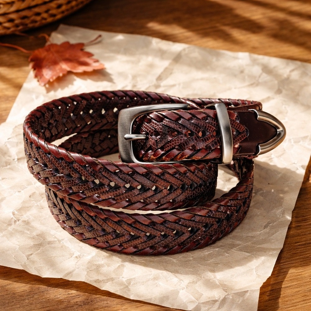 Mens Braided Genuine Leather Belt Mahogany Brown Western Metal Tip Size 42